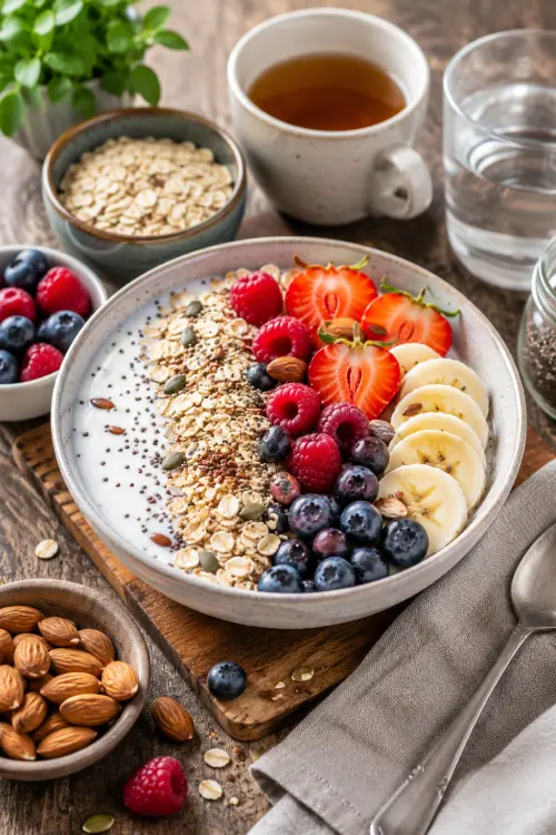 Comprendre le diabète de type 2 simplement : guide débutant sans culpabiliser Petit-déjeuner équilibré avec yaourt, fruits rouges, flocons d’avoine et oléagineux adapté pour comprendre le diabète de type 2