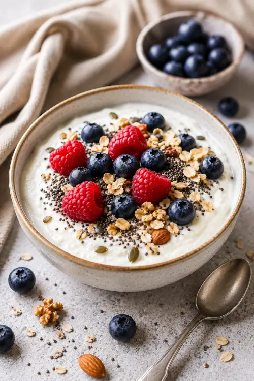 Petit-déjeuner skyr pour les diabétiques type 2 avec framboises, myrtilles, graines de chia et flocons d’avoine à faible index glycémique