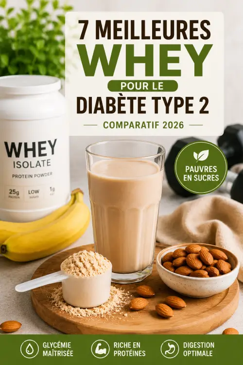 7 meilleures whey pour le diabète type 2 en 2026 Infographie Pinterest présentant un comparatif des meilleures whey pauvres en sucres pour le diabète type 2.