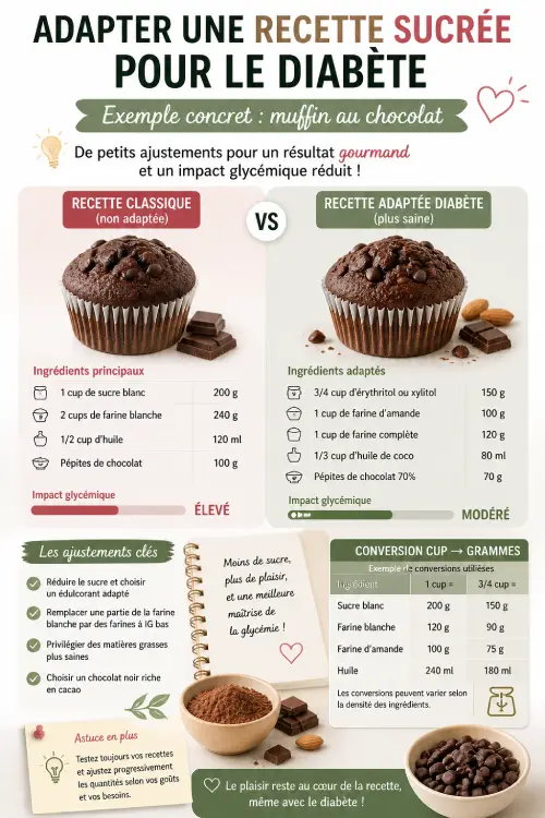 exemple recette adaptée diabète muffin chocolat moins sucre conversion cup grammes