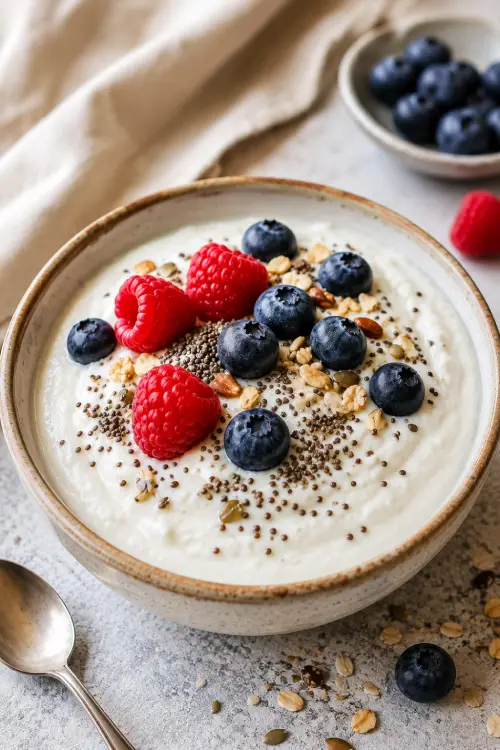 Skyr pour les diabétiques type 2 avec fruits rouges, graines de chia et myrtilles pour un petit-déjeuner à faible index glycémique