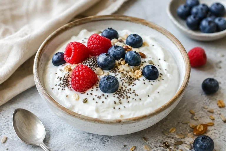 Skyr diabète type 2 avec fruits rouges, graines de chia et myrtilles pour un petit-déjeuner à faible index glycémique