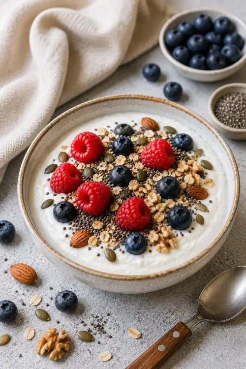 Skyr pour les diabétiques type 2 riche en protéines avec framboises, myrtilles, graines et oléagineux à faible index glycémique