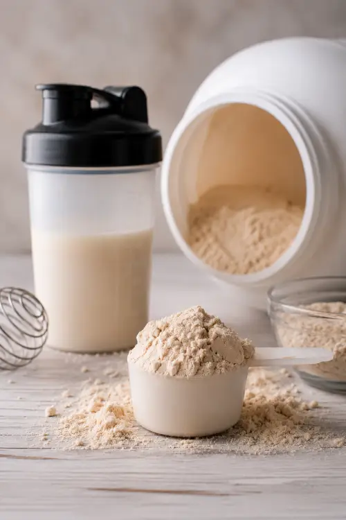 Poudre de whey protéinée avec shaker et pot de protéines sur une table claire dans une ambiance nutrition et sport, whey et diabète