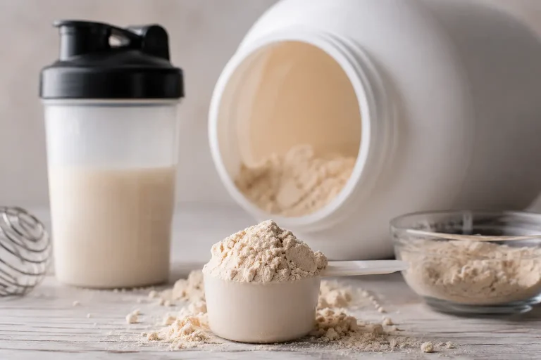 Poudre de whey protéinée avec shaker et pot de protéines sur une table claire dans une ambiance nutrition et sport.