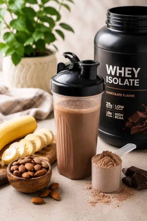 Shake protéiné au chocolat avec whey isolate, banane et amandes dans une ambiance nutrition healthy et sportive, whey et diabète