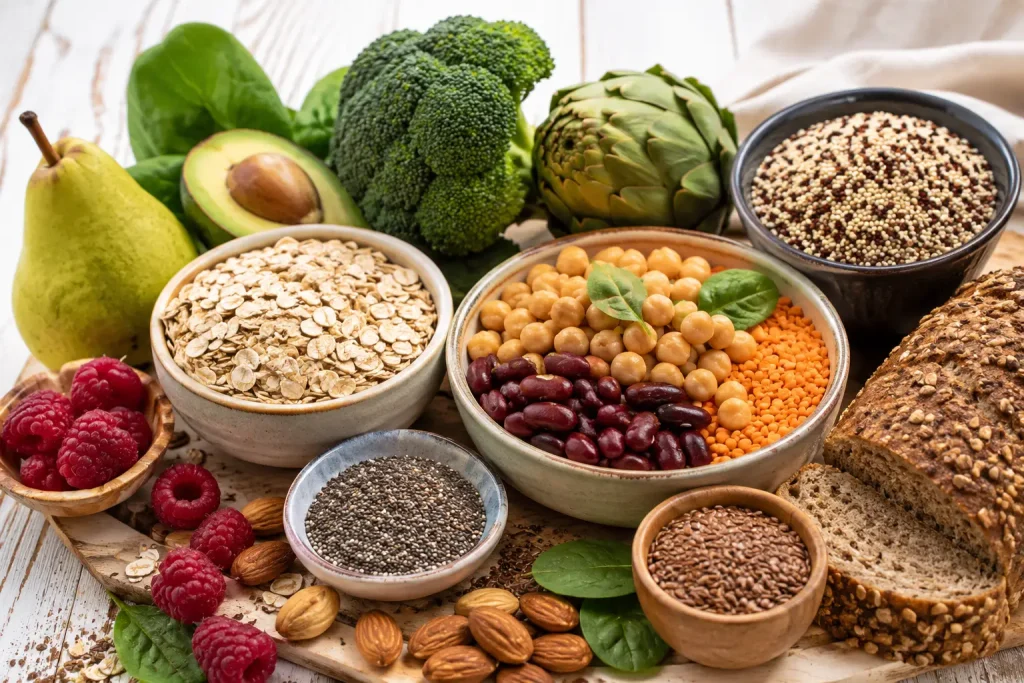 Sélection d'aliments riches en fibres pour diabétiques avec lentilles, pois chiches, avoine, framboises, avocat, brocoli et pain complet.