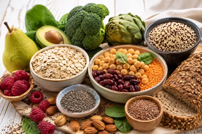 Sélection d'aliments riches en fibres pour diabétiques avec lentilles, pois chiches, avoine, framboises, avocat, brocoli et pain complet.