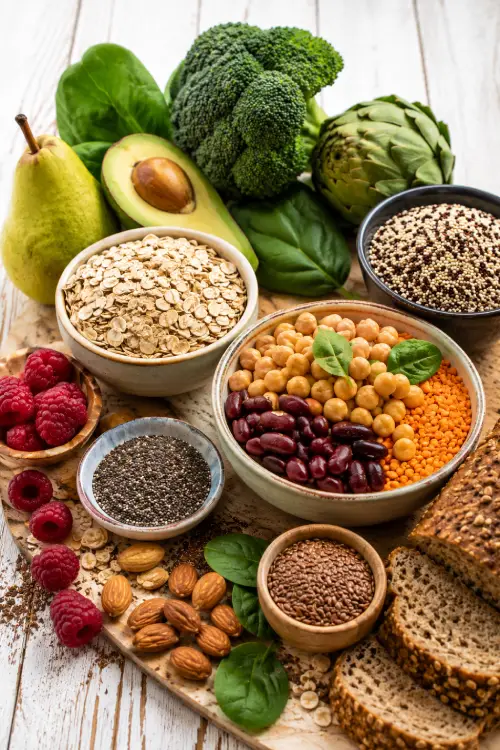 Les 15 meilleurs aliments riches en fibres pour diabétiques Sélection d'aliments riches en fibres pour diabétiques avec lentilles, pois chiches, avoine, framboises, avocat, brocoli et pain complet.