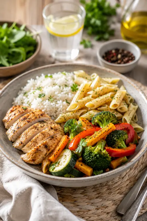 Congeler les féculents pour réduire les pics de glycémie : ce que dit réellement la science Assiette équilibrée composée de poulet grillé, riz, pâtes et légumes colorés illustrant une alimentation favorable au contrôle de la glycémie dans le diabète de type 2 et réduire les pics de glycémie.