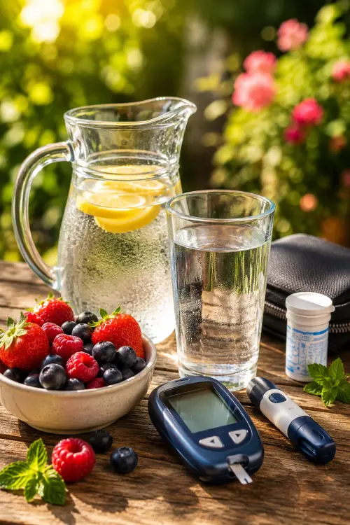 Verre d'eau, carafe citronnée, fruits rouges et lecteur de glycémie sur une table en extérieur pour illustrer l'hydratation et la gestion du diabète pendant une canicule. Canicule et diabète.