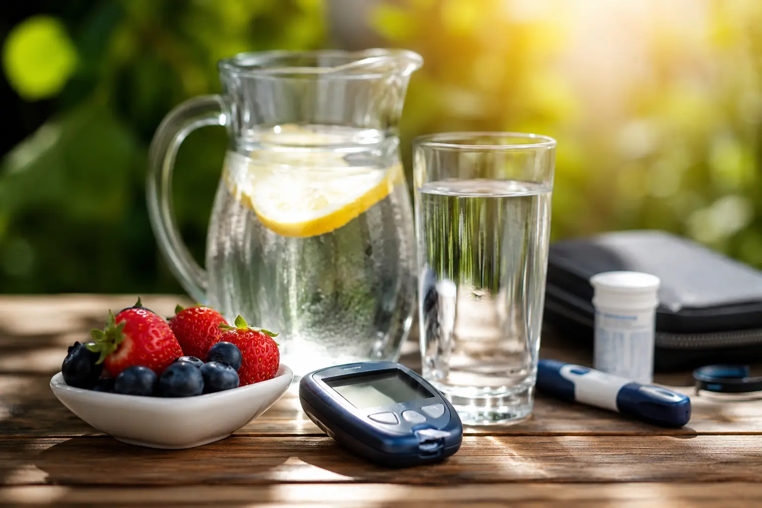 Verre d'eau, carafe citronnée, fruits rouges et lecteur de glycémie sur une table en extérieur pour illustrer l'hydratation et la gestion du diabète pendant une canicule.