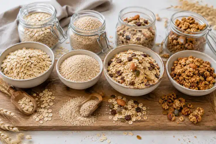 Céréales pour diabète type 2 : flocons d'avoine, son d'avoine, muesli ou granola ? Comparatif visuel entre flocons d'avoine, son d'avoine, muesli et granola présentés dans des bols. Des céréales pour diabète type 2.