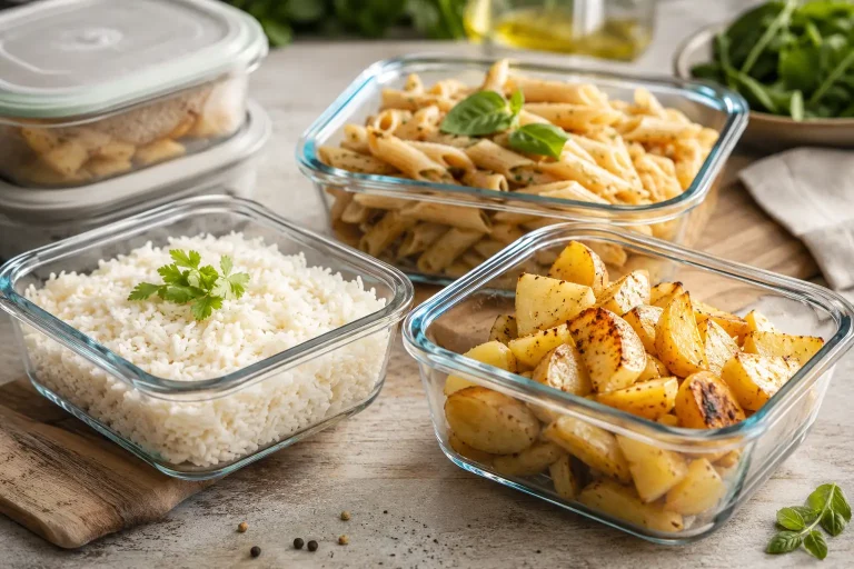 Riz, pâtes et pommes de terre cuits puis refroidis dans des contenants en verre pour illustrer l'effet potentiel de la congélation des féculents sur la glycémie.