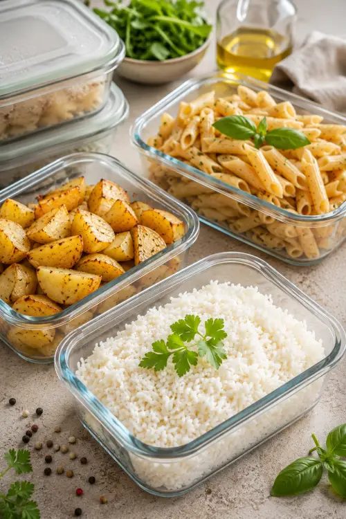 Congeler les féculents pour réduire les pics de glycémie : ce que dit réellement la science Riz, pâtes et pommes de terre cuits puis refroidis dans des contenants en verre pour illustrer l'effet potentiel de la congélation des féculents sur la glycémie et réduire les pics de glycémie.