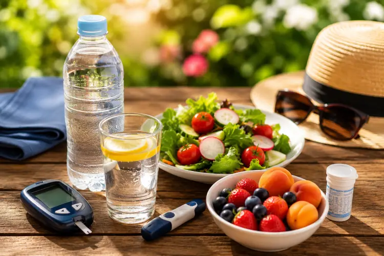 Bouteille d'eau, salade composée, fruits d'été, chapeau, lunettes de soleil et lecteur de glycémie illustrant les bons réflexes à adopter pendant une canicule lorsque l'on est diabétique. Canicule et diabète.