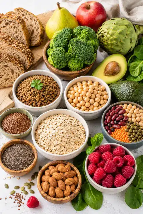 Les 15 meilleurs aliments riches en fibres pour diabétiques Sélection d'aliments riches en fibres pour diabétiques avec avoine, lentilles, pois chiches, amandes, framboises, avocat et légumes.