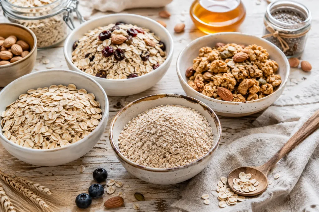 Comparatif entre flocons d’avoine, son d’avoine, muesli et granola présentés dans des bols sur une table en bois. Des céréales pour diabète type 2.