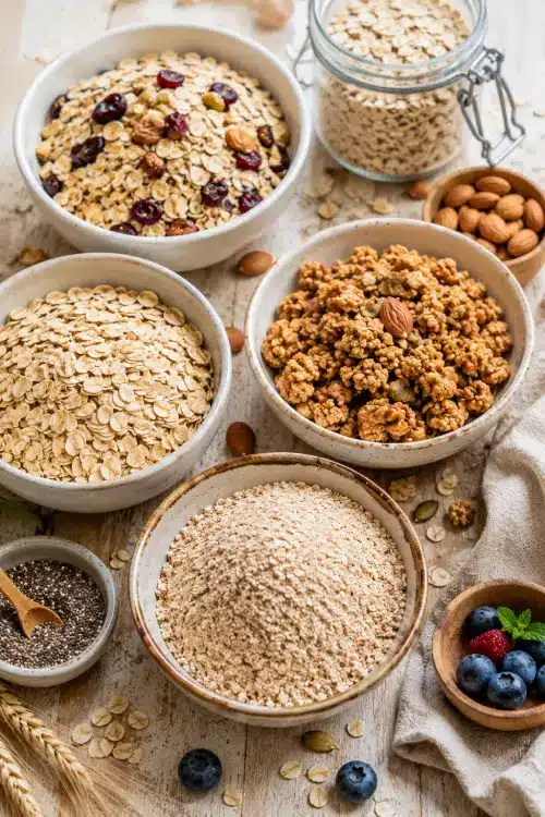Céréales pour diabète type 2 : flocons d'avoine, son d'avoine, muesli ou granola ? Comparatif entre flocons d’avoine, son d’avoine, muesli et granola présentés dans des bols sur une table en bois. Des céréales pour diabète type 2.