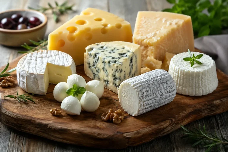 Sélection de différents fromages adaptés à une alimentation équilibrée pour les personnes atteintes de diabète de type 2.