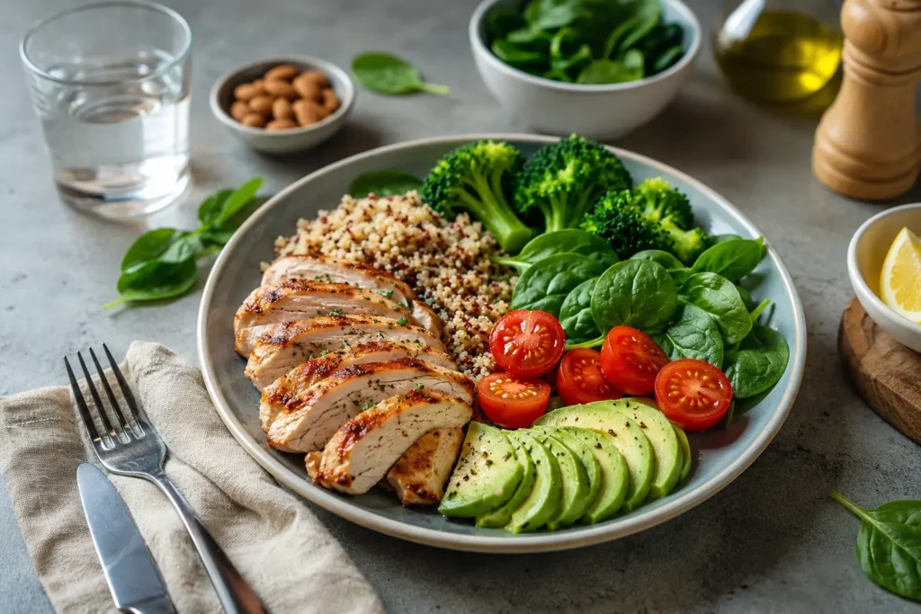 Repas équilibré composé de poulet grillé, quinoa, avocat, légumes verts et tomates pour favoriser une glycémie stable. Pour illustrer l'article sur la glycémie élevée malgré une alimentation équilibrée.