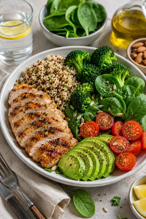 Pourquoi votre glycémie reste élevée malgré une alimentation équilibrée ? Repas équilibré composé de poulet grillé, quinoa, avocat, légumes verts et tomates pour favoriser une glycémie stable. Pour illustrer l'article sur la glycémie élevée malgré une alimentation équilibrée.