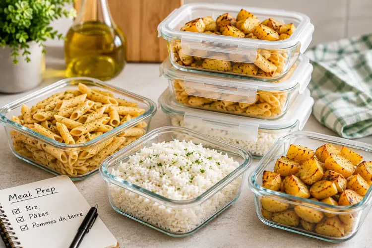 Congeler les féculents pour réduire les pics de glycémie : ce que dit réellement la science Contenants de meal prep contenant du riz, des pâtes et des pommes de terre préparés à l'avance pour illustrer la congélation des féculents et la réduction des pics de glycémie.