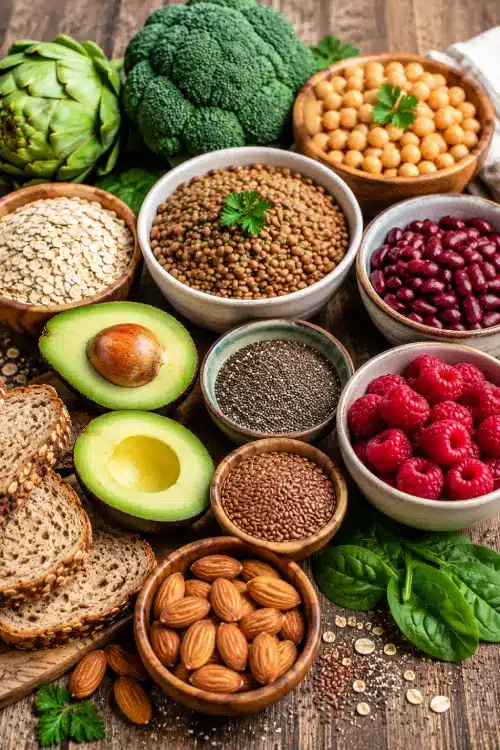 Les 15 meilleurs aliments riches en fibres pour diabétiques Aliments riches en fibres pour diabétiques avec lentilles, pois chiches, haricots rouges, avoine, avocat, framboises, amandes et graines.