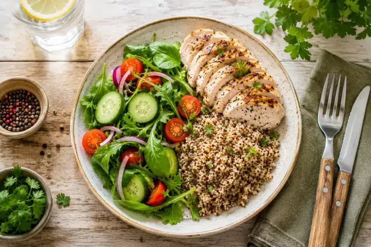 Vue aérienne d'une assiette équilibrée avec salade, poulet grillé et céréales complètes illustrant l'ordre des aliments pour limiter les pics de glycémie. Ordre des aliments et glycémie.