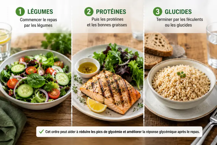 Infographie montrant l'ordre recommandé des aliments : légumes, protéines puis glucides pour réduire les pics de glycémie.