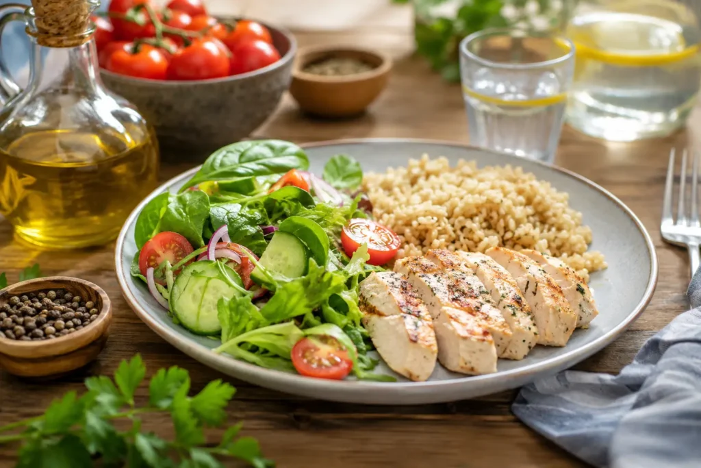 Assiette équilibrée composée de salade, poulet grillé et céréales complètes illustrant l'ordre des aliments pour limiter les pics de glycémie. Ordre des aliments et glycémie.
