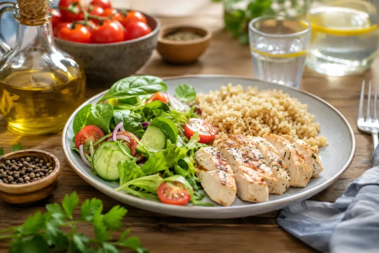Assiette équilibrée composée de salade, poulet grillé et céréales complètes illustrant l'ordre des aliments pour limiter les pics de glycémie. Ordre des aliments et glycémie.