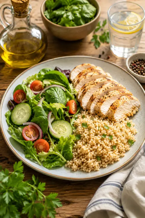 Assiette équilibrée composée de salade, poulet grillé et céréales complètes illustrant l'ordre des aliments pour limiter les pics de glycémie. Ordre des aliments et glycémie.