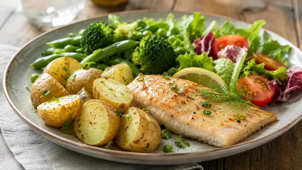 Pommes de terre et diabète de type 2 dans une assiette équilibrée avec légumes verts et poisson grillé