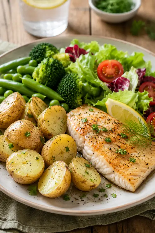 Pommes de terre et diabète de type 2 : faut-il vraiment les éviter ? Pommes de terre et diabète de type 2 dans une assiette équilibrée avec légumes verts et poisson grillé