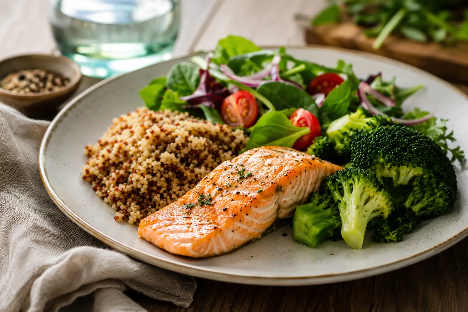 Repas équilibré composé de saumon, quinoa, brocolis et salade verte pour aider à limiter les pics de glycémie après le dîner