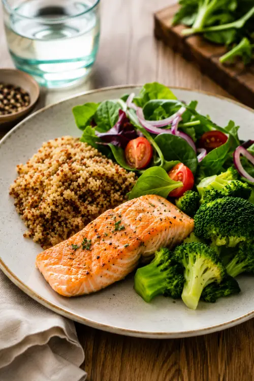 Que manger le soir pour éviter les pics de glycémie ? À la question : Que manger le soir pour éviter les pics de glycémie ? Repas équilibré composé de saumon, quinoa, brocolis et salade verte pour aider à limiter les pics de glycémie après le dîner