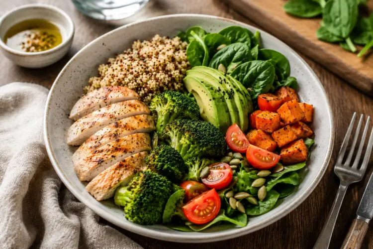 Que manger le soir pour éviter les pics de glycémie ? Que manger le soir pour éviter les pics de glycémie ? Bol repas équilibré avec poulet grillé, quinoa, avocat, brocolis, patate douce et légumes frais pour stabiliser la glycémie