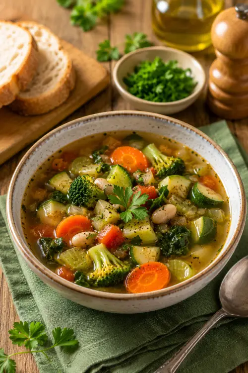 Que manger le soir pour éviter les pics de glycémie ? Soupe de légumes maison riche en fibres avec brocolis, courgettes, haricots blancs et carottes pour limiter les pics de glycémie, Que manger le soir pour éviter les pics de glycémie ?