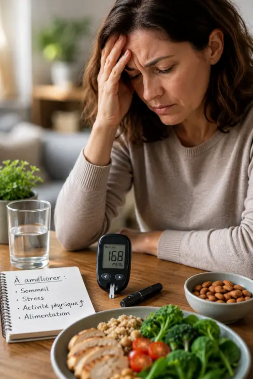 Pourquoi votre glycémie reste élevée malgré une alimentation équilibrée ? Personne stressée avec lecteur de glycémie élevé malgré une alimentation équilibrée et un mode de vie sain.