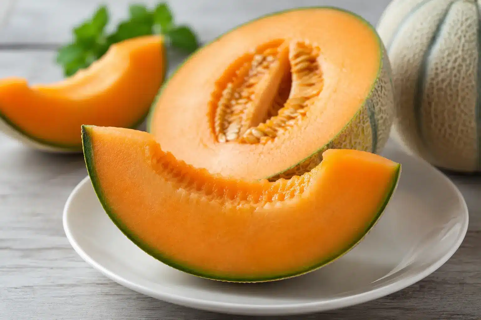 Quart de melon frais coupé sur une assiette, illustrant un article sur le melon et le diabète.