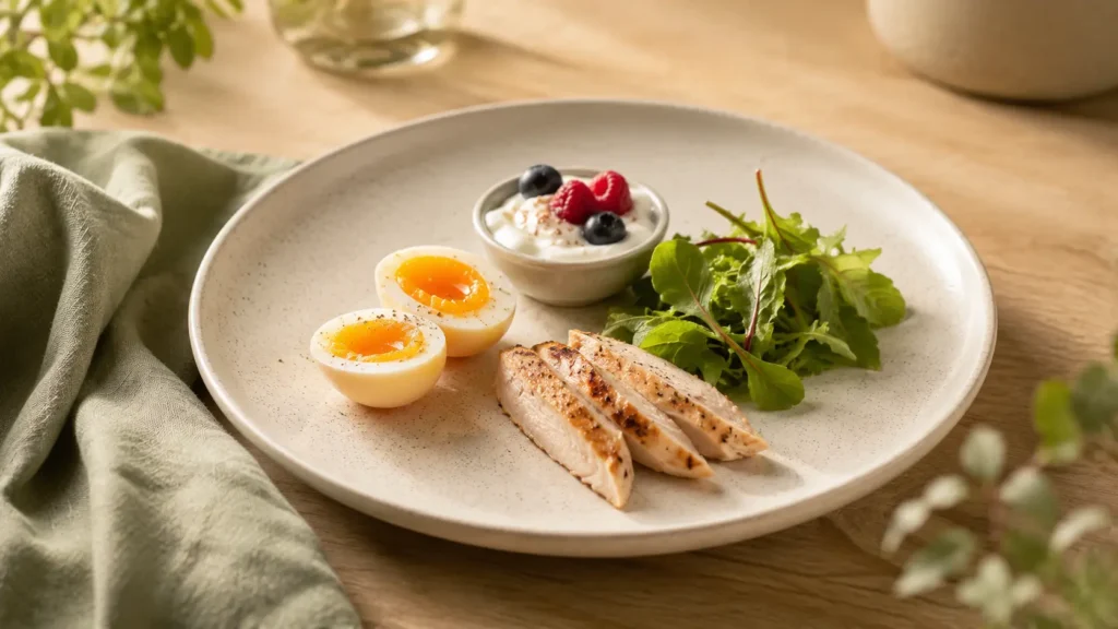Alimentation sous GLP-1 : que manger avec moins d'appétit ? Petite assiette équilibrée avec œuf mollet, poulet grillé, yaourt grec aux fruits rouges et jeunes pousses de salade. Alimentation sous GLP-1 : que manger avec moins d'appétit ?