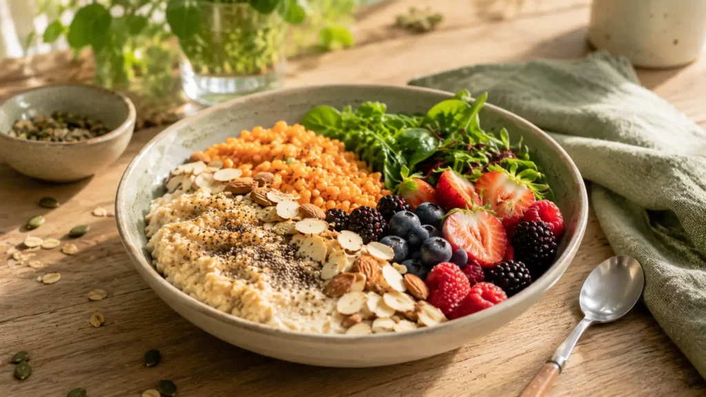 Fibermaxxing et diabète : la tendance TikTok qui a du sens Bol riche en fibres composé d'avoine, lentilles, graines de chia, amandes, fruits rouges et jeunes pousses. Fibermaxxing et diabète