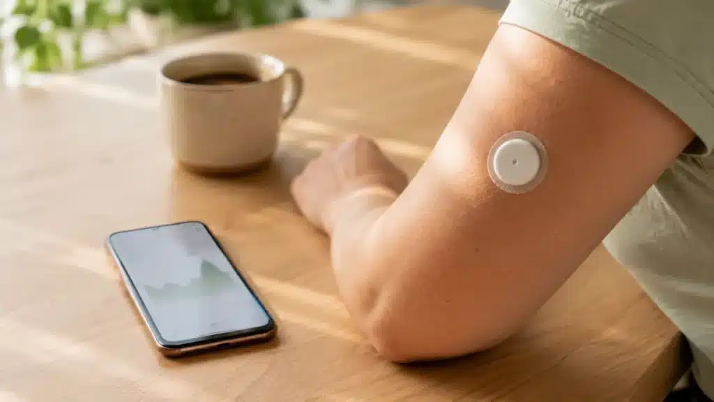 Capteur de glycémie sans diabète : la tendance expliquée Bras portant un capteur de glucose à côté d'un smartphone affichant une courbe de suivi glycémique. Capteur de glycémie sans diabète