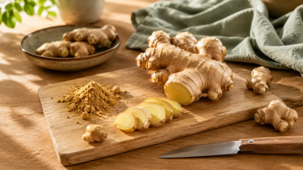 Gingembre et glycémie : ce que dit vraiment la science Racine de gingembre frais tranchée avec du gingembre en poudre sur une planche à découper en bois.