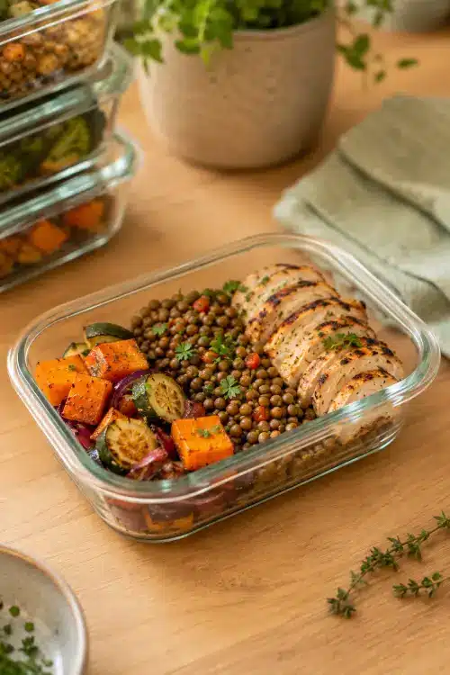 Batch cooking et diabète : un menu de rentrée en 2h Récipient en verre contenant du poulet grillé, des lentilles cuites et des légumes rôtis soigneusement portionnés. Batch cooking et diabète.