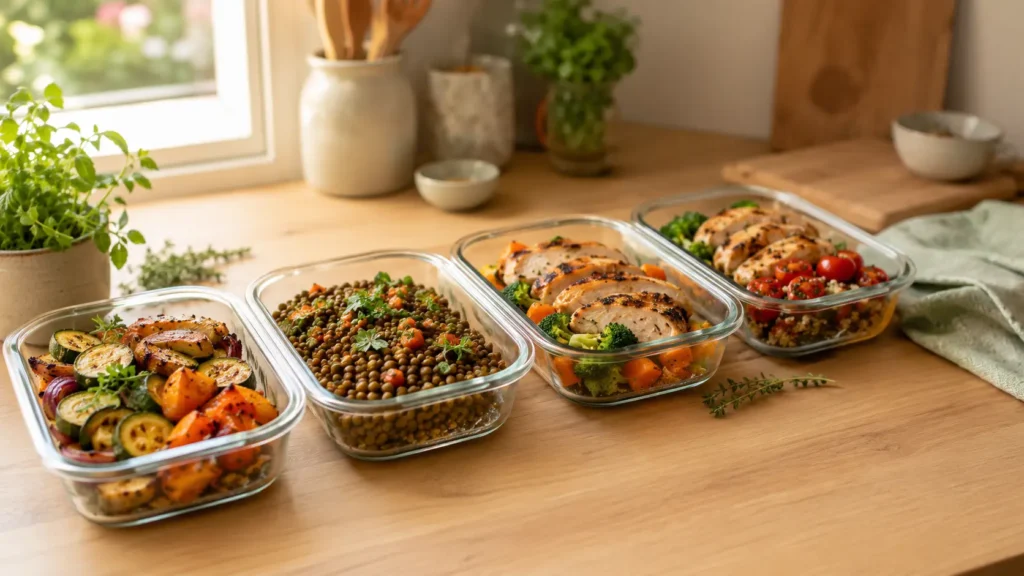 Batch cooking et diabète : un menu de rentrée en 2h Plusieurs récipients en verre contenant des repas préparés avec poulet grillé, lentilles et légumes rôtis sur un plan de travail en bois. Batch cooking et diabète.