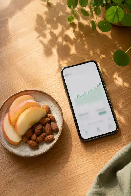 Capteur de glycémie sans diabète : la tendance expliquée Smartphone affichant une courbe de glycémie à côté d'une assiette de quartiers de pomme et d'amandes.
