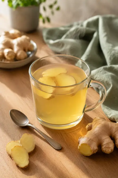 Gingembre et glycémie : ce que dit vraiment la science Tasse en verre d'infusion de gingembre frais avec des tranches de gingembre et de la racine de gingembre à côté.