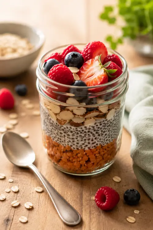 Fibermaxxing et diabète : la tendance TikTok qui a du sens Verrine en verre composée de lentilles corail, pudding de chia, amandes effilées et fruits rouges frais.